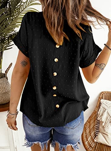 Dokotoo Summer Tops for Women Cute Lace Crochet Crewneck Short Sleeve Blouses Pom Pom Chiffon Babydoll Shirts for Women Teen Girls Casual Holiday Boho Clothing M Black - Image 3
