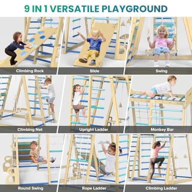 Upgraded Indoor Playground 9-in-1 Jungle Gym Kids Climbing Toys, Montessori Philosophy Waldorf Style Wooden Climber Playset with Slide, Swing, Monkey Bars, Upright/Rope Ladder, Climb Net, Blue - Image 3