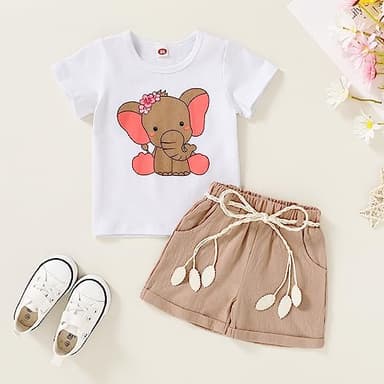 YOUNGER TREE Toddler Baby Girl Clothes Summer Cute Elephant T-shirt Solid Color Short Sets with Belt Girls Outfit (Elephant, 3-4T) - Image 2