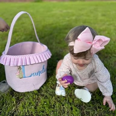 Personalized Easter Basket for Kids - Embroidered Bunny Nursery Storage Tote, Custom Easter Basket in pink/blue plaid, Easter Egg Hunt Bucket - Image 2