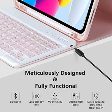 MMK iPad A16 Case (2025, 11"), iPad 10th Generation Case with Keyboard (2022, 10.9"), Wireless Detachable Keyboard, Pencil Holder (Pink) - Image 6