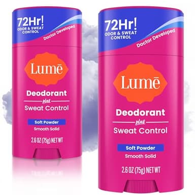 Lume Deodorant Plus Sweat Control - Smooth Solid Stick - Extra Strength Antiperspirant - 72 Hour Odor And Sweat Control - Baking Soda Free, Skin Loving - 2.6 ounce (Soft Powder) Pack of 2 - Image 1