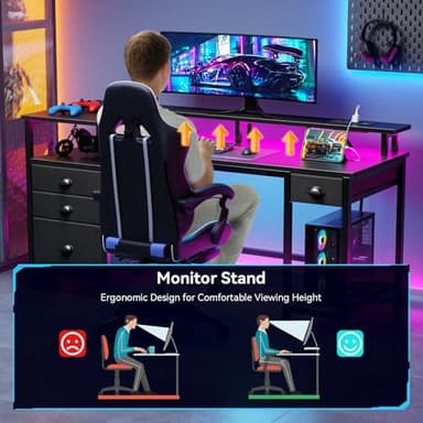 Furologee 60" Black Computer Desk with 4 Drawers and Printer Space, Gaming Desk with LED Lights and USB Power Outlets, Home Office Desk with Fabric File Cabinet,Study Work Table with Shelf for Bedroom - Image 5