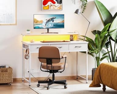 ODK 40 Inch Small Computer Desk with 3 Drawers and USB Power Outlets, Home Office Desks with LED Lights and Adjustable Monitor Stand, Work from Home, Modern Work/Writing/Study Table for Bedroom, White - Image 7