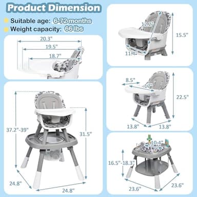 Xilingol 15-in-1 Convertible High Chair, 2-in-1 Baby Highchair & Activity Center W/Toys, Booster Seat | Building Block Table | Toddler Chair W/Removable Tray & 5-Point Harness & 2-Layer Cushion(Grey) - Image 9