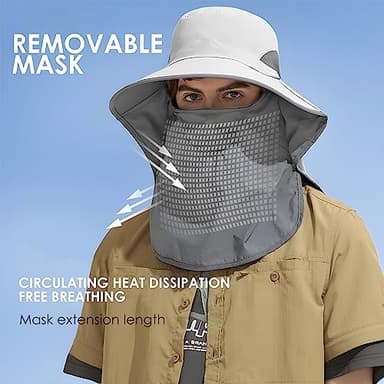 Outdoor Sun Hat Detachable Neck Face Flap UPF 50+UV Protection Visor Fishing Hats with Neck Flap for Men & Women Light Grey - Image 4