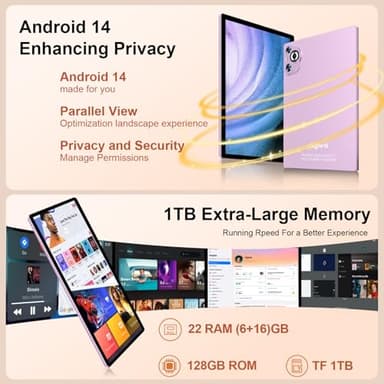 Dghrti 2025 Android 14 Tablet, 22GB RAM+128GB ROM+1TB Expand, 8000mAh Battery, 10.1 Inch Touchscreen, Octa-Core CPU, 2-in-1 Tablet with Keyboard&Mouse, Support BT5.0, GPS, WiFi - Purple - Image 3