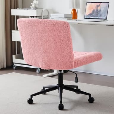 Furnimart Swivel Criss Cross Legged Chair with Wheels for Home Office, Wide Armless Desk Chair Height Adjustable Comfy Seat for Desk,Vanity, Bedroom, Faux Fur Pink - Image 6
