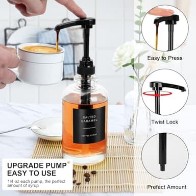 Coffee Syrup Dispenser for Coffee Bar, Glass Syrup Dispenser with Pump, Coffee Syrup Pump Dispenser Bottle with Tray, Spoon for Coffee Station, Coffee Bar Organizer, Black,16.9 oz, 500 ml - Image 5
