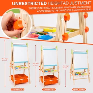 Kids Easel Including 100+ Accessories, Rundad Double Sided Wooden Easel for Kids Age 3-8 with Magnetic Chalkboard & Painting Board, Free Height Adjustable Art Easel Supplies for Toddlers - Image 4