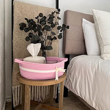CHICVITA Pink Baby Girl Gift Basket, Small Woven Rope Basket, Rectangle Shelf Baskets for Bathroom, Cute Nursery Storage Baskets for Toys, Diapers, Towels, Snacks, 13 x 9.8 x 5 inches - Image 5