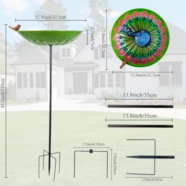 VEWOGIFT Bird Bath for Outdoor, 43" Tall Metal Birdbath with Stake, Peacock Bird Bath & Feeder with 13" Bowl for Outside Garden Patio Yard Decor - Image 2