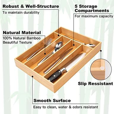 Besilord Silverware Organizer Kitchen Drawer Organizer Utensil Organizer Bamboo Silverware Holder Cutlery Organizer in Drawer Flatware Organizer Tray(5 slots, Natural - Image 3