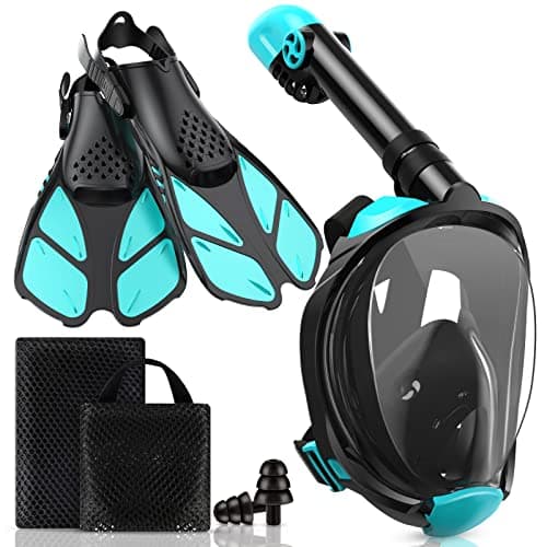 Viginsul Mask Fins Snorkeling Gear for Adults, Full Face Snorkel Mask & Adjustable Swim Fins Snorkel Set, Panoramic View Snorkel Mask Dry Top Anti-Fog Anti-Leak - Image 1