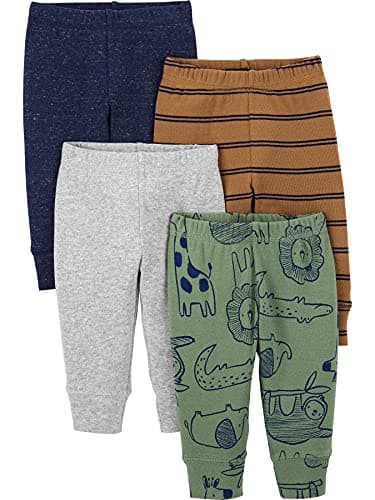 Simple Joys by Carter's Baby Cotton Pants, Pack of 4, Blue Heather/Brown Stripe/Grey Heather/Olive Animal, 24 Months - Image 1