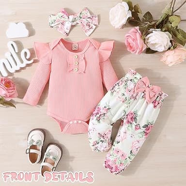 GDTOGRT Baby Girl Clothes Newborn Outfit Infant Ruffle Sleeve Romper and Floral Pants with Cute Headband Sets Baby Clothes for Girls 0-3 Months - Pink - Image 2