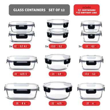 Nestl 24pc (12 Airtight, Freezer Safe Food Storage Containers and 12 Lids), Pantry Kitchen Storage Containers, Glass Meal Prep Container for Lunch, Glass Storage Containers with Lids Black - Image 3