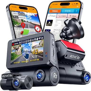 ROVE R3 Dash Cam Front and Rear with Cabin, 3” IPS Touch Screen, 3 Channel Dash Cam 1440P+1080P+1080P, IR Night Vision, 5GHz WiFi, Up to 30MB/s Download Speed, Quad-Mode GPS, Supports 512GB Max - Image 1