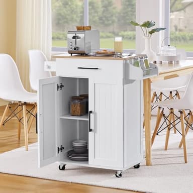 Yaheetech Kitchen Cart with Bamboo Tabletop, 32" Width Rolling Kitchen Island with Drawer and Adjustable Shelf, Storage Cabinet with Spice Rack Towel Bar for Dining Room Kitchen Living Room, White - Image 1
