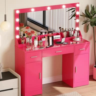 MIRROTOWEL 47.5” Vanity Desk with Large Mirror, 3 Colour Lighting Modes, Adjustable Brightness, Dresser with 3 Drawers & 2 Vertical Cabinets, Makeup Vanity Table for Women Girls - Image 3