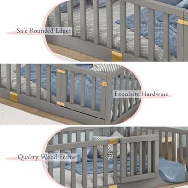 Tatub Twin Montessori Floor Bed with High Rails, Solid Wood Montessori Bed Frame for Kids, Door Can Install Left and Right, Twin-Grey - Image 7
