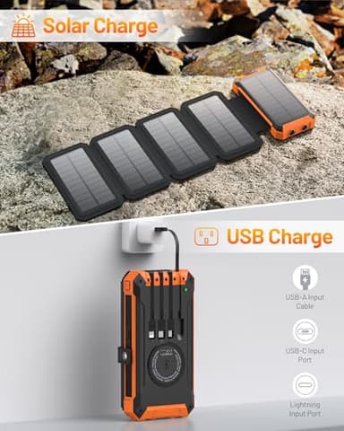 GOODaaa Power Bank Wireless Charger 36800mAh Solar Charger with Five Solar Panels Built-in Four Cable Five Outputs Portable Power Bank for Cell Phone with Dual Flashlights, Carabiner - Image 7