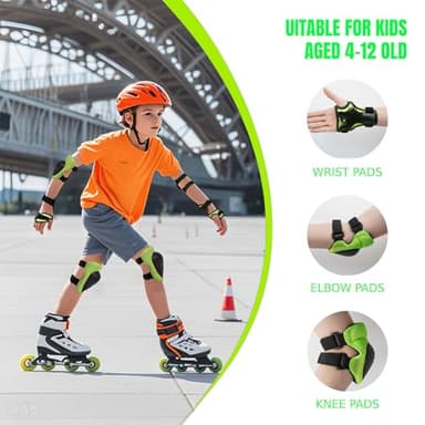 GEQID Kids Knee Pads Elbow Pads Wrist Guards Set ,Protective Gear for 4-6-12 Boys Girls Roller Skating Scooter Skateboarding Bike (Green, Free Size (4-12 Years or 40-80lbs)) - Image 2