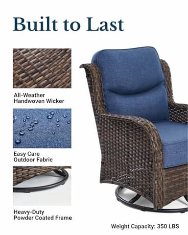HILLGA Luxury Outdoor Swivel Rocker Patio Chairs of 2 with 6 Inch Thick Cushions and Side Table, Swivel Outdoor Chairs 3PCS High Back Wicker Patio Furniture Set for Porch, Balcony, Deck in Blue - Image 5