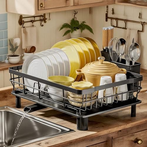 MOUKABAL Dish Drying Rack, Dish Rack, Stainless Steel Dish Racks for Kitchen Counter, Dish Drainer with Removable Utensil Holder, Drainboard (Black) - Image 1