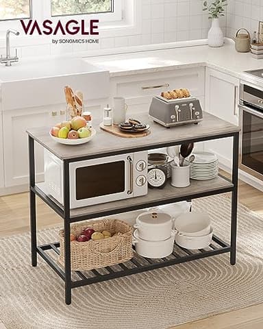 VASAGLE Kitchen Island with 3 Shelves, 47.2 Inches Width Kitchen Shelf with Large Worktop, Stable Steel Structure, Industrial, Easy to Assemble, Greige and Black UKKI001B02 - Image 2