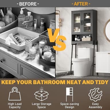 Over The Toilet Storage Cabinet with Tempered Glass Doors & Adjustable Shelf, Bathroom Organizer with Metal Stand Space Saver Over Toilet , Tall Freestanding Shelf/Rack for Bathroom, Black - Image 4