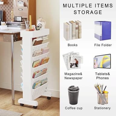 YEMUNY 6 Tier Rolling Utility Cart Multi-Functional Movable Storage Book Shelves with Lockable Casters for Study Office Classroom, White - Image 5