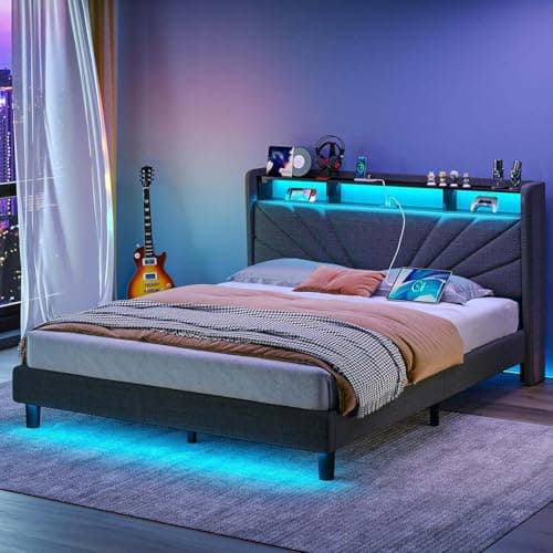 Rolanstar Full Size Bed Frame, Storage Headboard with Charging Station and LED Lights, Upholstered Bed with Heavy Duty Wood Slats, No Box Spring Needed, Noise Free, Easy Assembly, Dark Grey - Image 1