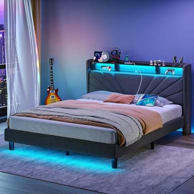 Rolanstar Full Size Bed Frame, Storage Headboard with Charging Station and LED Lights, Upholstered Bed with Heavy Duty Wood Slats, No Box Spring Needed, Noise Free, Easy Assembly, Dark Grey - Image 1