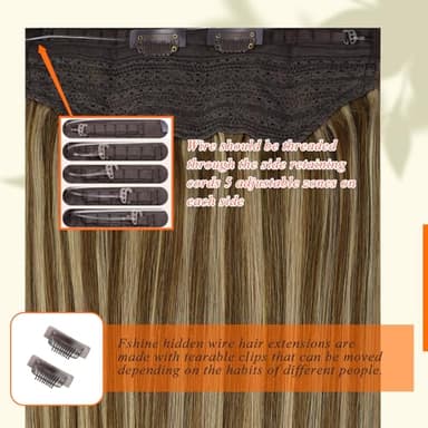 Fshine Wire Hair Extensions Medium Brown Highlight Honey Blonde Soft Fish Line Hair Extensions 18 Inch Clip in One Piece Hair Extension 80G Remy Human Hair Layered Hairpiece Add Length - Image 3