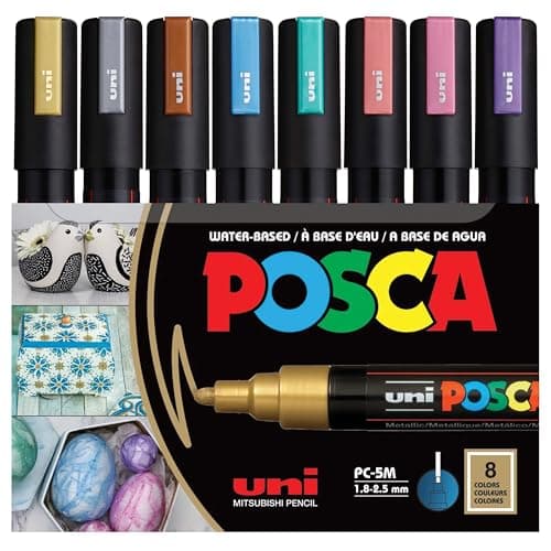 posca Markers Set, 8 Medium Paint Markers 5M, Metallic Tones – Gold, Silver, Bronze, Blue, Green, Red, Pink, Violet - Image 1