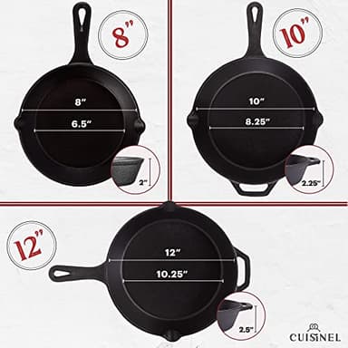 Cuisinel Cast Iron Skillet Set - 8" + 10" + 12"-Inch Pre-Seasoned Frying Pans + Silicone Handle Grip Covers - Use Indoor/Outdoor, Oven, Grill, Stove, BBQ, Fire, Induction - Kitchen/Camping Cookware - Image 2