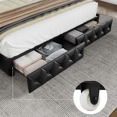 Keyluv Queen Upholstered LED Bed Frame with 4 Drawers, Pu Leather Platform Storage Bed with Adjustable Button Tufted Headboard and Solid Wooden Slats Support, No Box Spring Needed, Black - Image 5