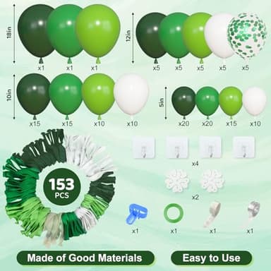 Amandir 153pcs Green Balloons Arch Garland Kit, Different Sizes 18 12 10 5inch Dark Emerald Light Lime Green Latex Confetti Balloon for Safari Jungle Baby Shower Birthday Graduation Party Decorations - Image 2