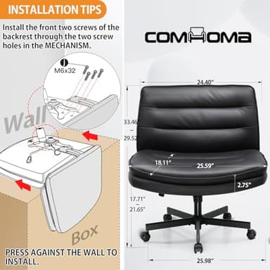 COMHOMA Cross Legged Office Chair with Wheels Armless Office Desk Chair, Modern Vanity Computer Task Chairs for Home Bedroom, Comfortable Wide Seat for Lower Back Pain Relief, PU Leahter, Black - Image 2