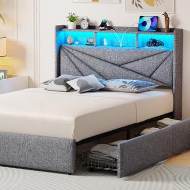 Driftalia King Size Bed Frame with 4 Storage Drawers, Upholstered King Bed Frame with Charging Station and LED Lights Headboard, No Box Spring Needed, Easy Assembly - Light Grey - Image 1