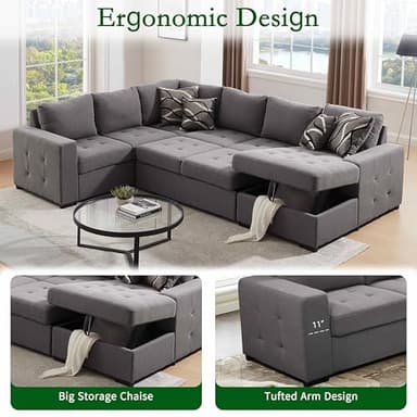 THSUPER 123'' Sectional Sleeper Sofa Couch with Pull Out Bed, 6 Seater U Shaped Oversized Comfy Linen Sleeper Sectional Sofas Couches with Storage Chaise for Living Room, Gray - Image 5