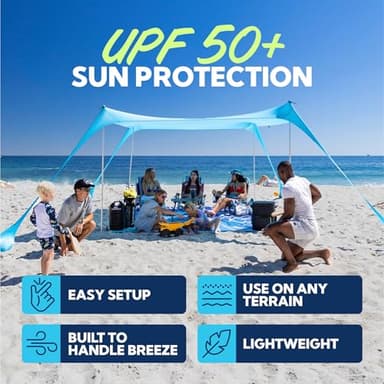 SUN NINJA Beach Tent Sun Shelter UPF50+ - Easy Pop Up Beach Canopy - Outdoor Shade for Camping Trips, Fishing, Backyard Fun Picnics - Sand Shovel, Ground Pegs & Stability Poles - Image 2
