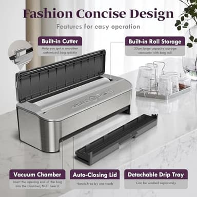 Mesliese Vacuum Sealer Machine, 85kPa 120W Automatic Food Sealer, Powerful Sealing System, Build-in Cutter | Bags Storage | Moist Mode and Air Suction Hose | 2 Bag Rolls and 5pcs Pre-cut Bags - Image 6