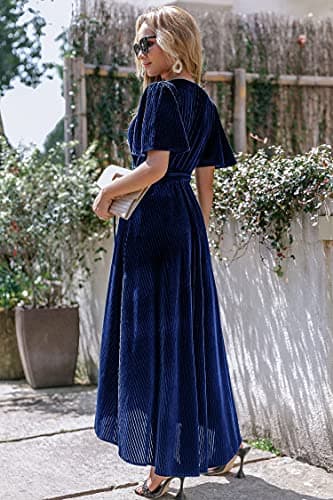 BerryGo Women's Formal Velvet Wrap Dress V Neck Cocktail Short Sleeve Swing Long Maxi Dress Navy L - Image 4