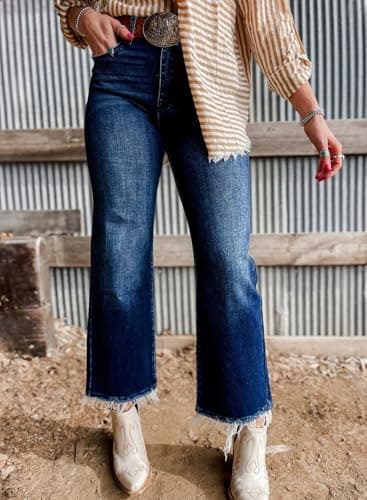 Astylish Flared Jeans for Women Trendy High Waisted Wide Leg Jeans Baggy Stretchy Raw Hem Cropped Denim Pants Size 10 Bluing - Image 3