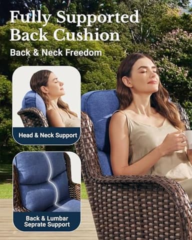 HILLGA Luxury Patio Furniture Set with 6-inch Thick Cushion, Outdoor High Back Swivel Rocker Patio Chairs, 3PCS Wicker Conversation Set for Deck Yard and Poolside, Blue (V2) - Image 5