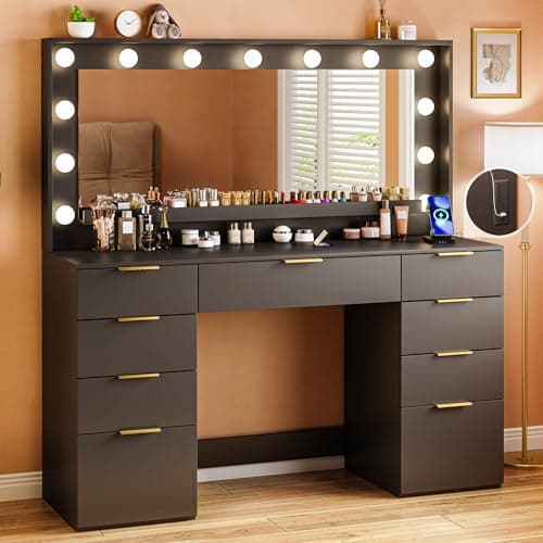 ALEXNUTRE Vanity Desk with Large Mirror and Lights, 45.3in Makeup Vanity with Power Outlet 9 Drawers & Storage, 3 Lighting Color Adjustable, Black - Image 1