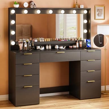 ALEXNUTRE Vanity Desk with Large Mirror and Lights, 45.3in Makeup Vanity with Power Outlet 9 Drawers & Storage, 3 Lighting Color Adjustable, Black - Image 1
