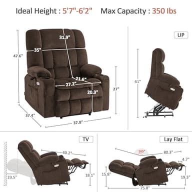 MCombo Oversized Power Lift Recliner Chair for Elderly, Dual Motor Lift Chair with Heat and Massage, Lay Flat Lift Chair for Big and Tall, Cup Holders, Fabric R7891 (Oversize, Mocha) - Image 2